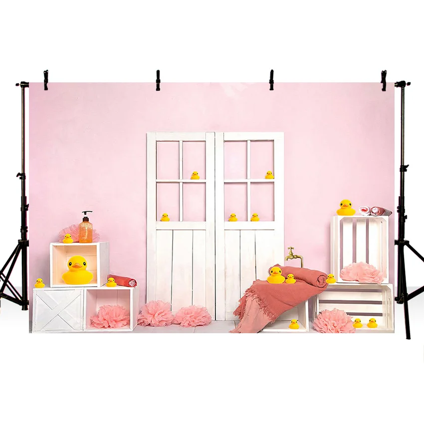 Mehofond Child Birthday Photography Background Little Yellow Duck Toy Bubbles Bathroom Wood Door Decor Baby Shower Backdrop Prop photo backdrop