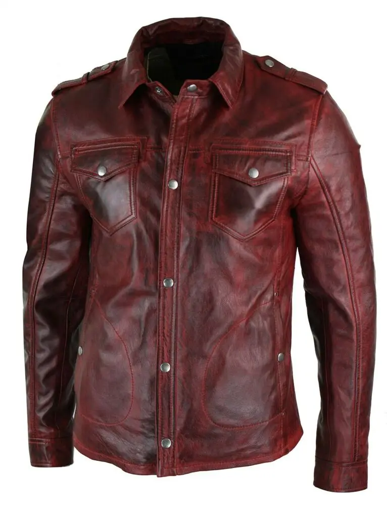 

Men's Leather Shirt Jacket Red Real Soft Genuine Vintage Leather Shirt European and American Fashion Trends
