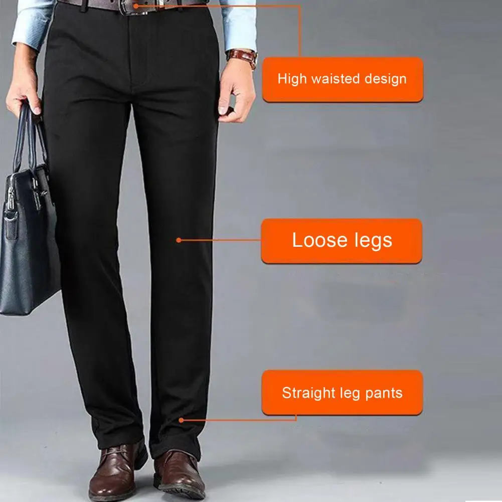 

Men Fleece Pants Warm Plush Men's Suit Pants Stylish Business Trousers with High Waist Deep Crotch Cozy Pockets Men Straight