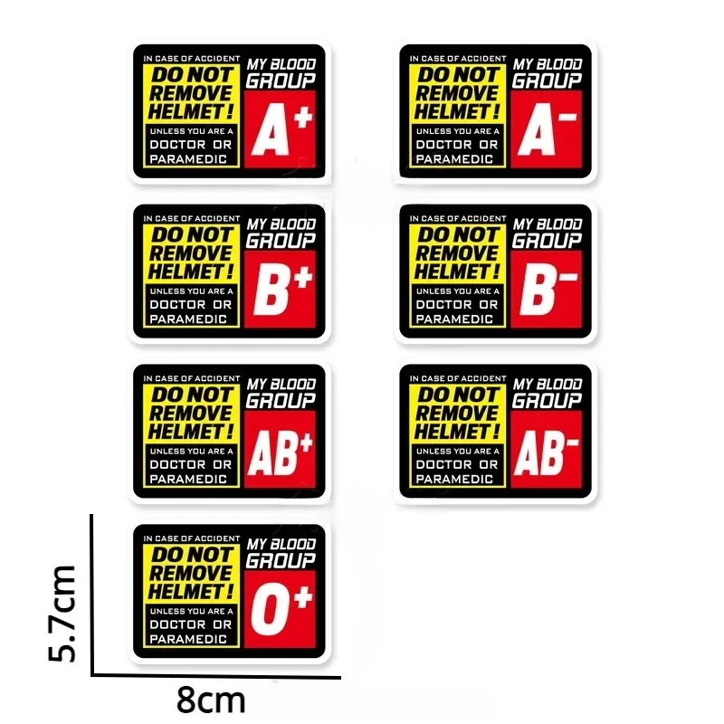Blood type helmet safety sticker – all 8 variants displayed