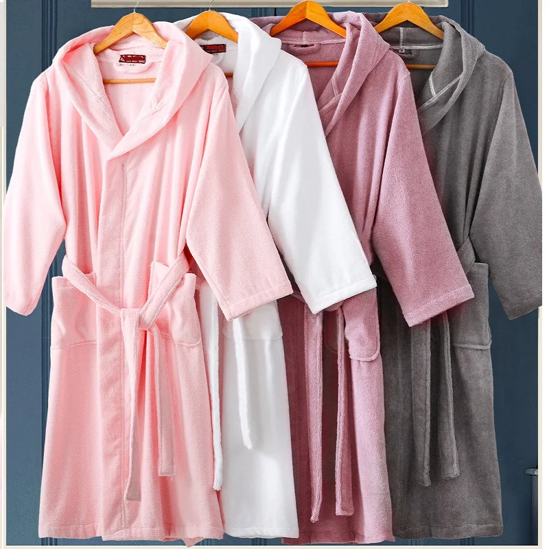 

Winter Towel Bathrobe Men 100% Cotton Sleepwear Kimono Bath Robes Unisex Dressing Gown Long Shower Sleep Gown Terry Robe White