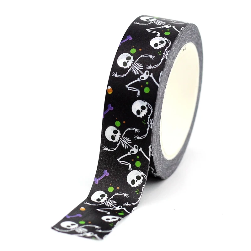 

1PC 10M Decor Skeleton on Black Background Halloween Washi Tape Journaling Adhesive Masking Tape Cute papeleria