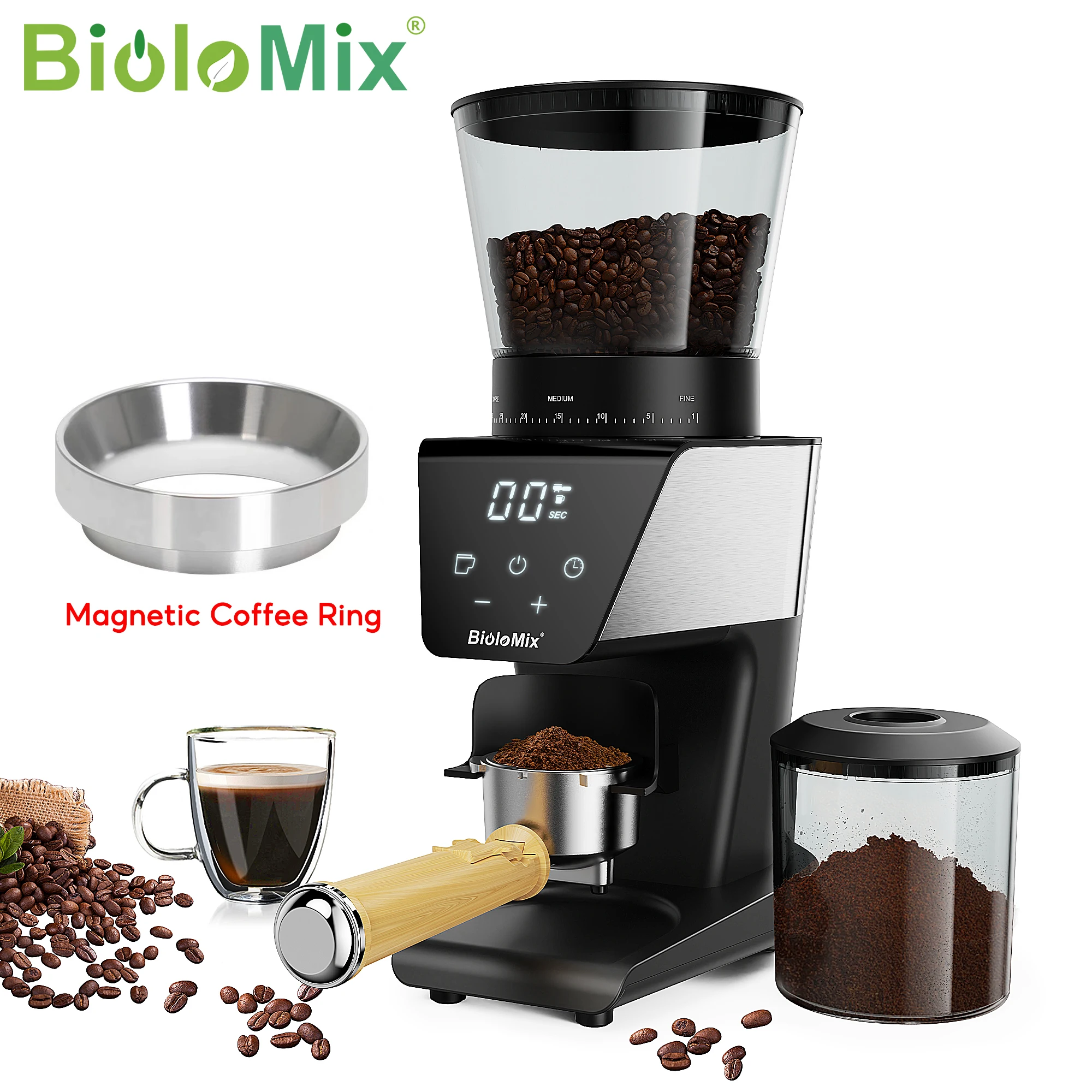 BioloMix With Magnetic Ring Automatic Burr Mill Electric Coffee Grinder, with 30 Gears for Espresso American Coffee Pour