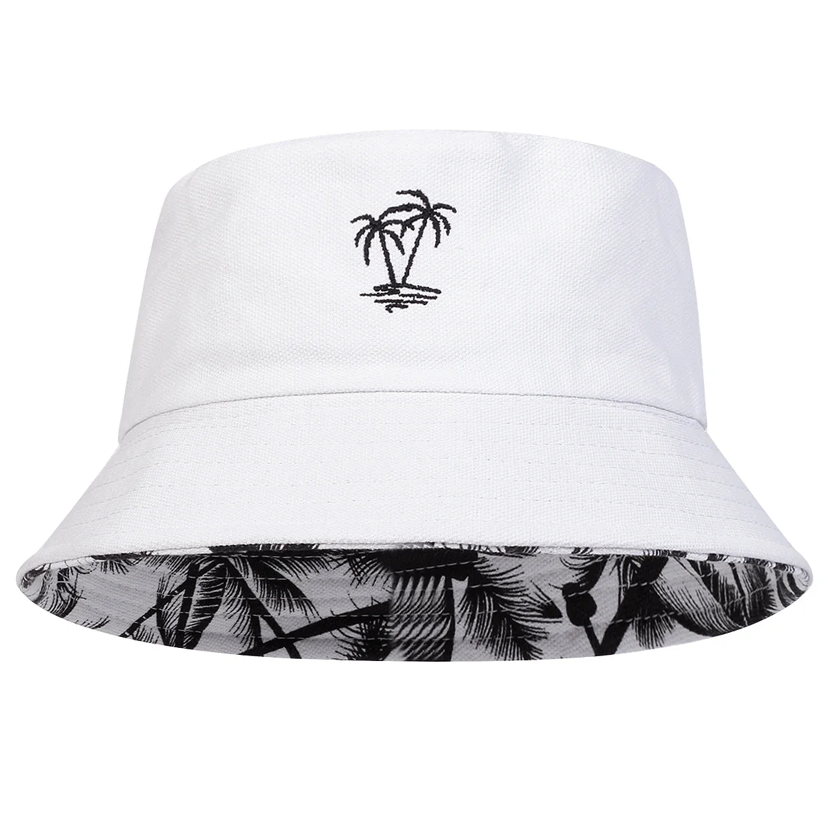 Unisex Coconut Tree Embroidery Double Sided Wearing Bucket Hats Fishermen Caps Outdoor Casual Sunscreen Hats