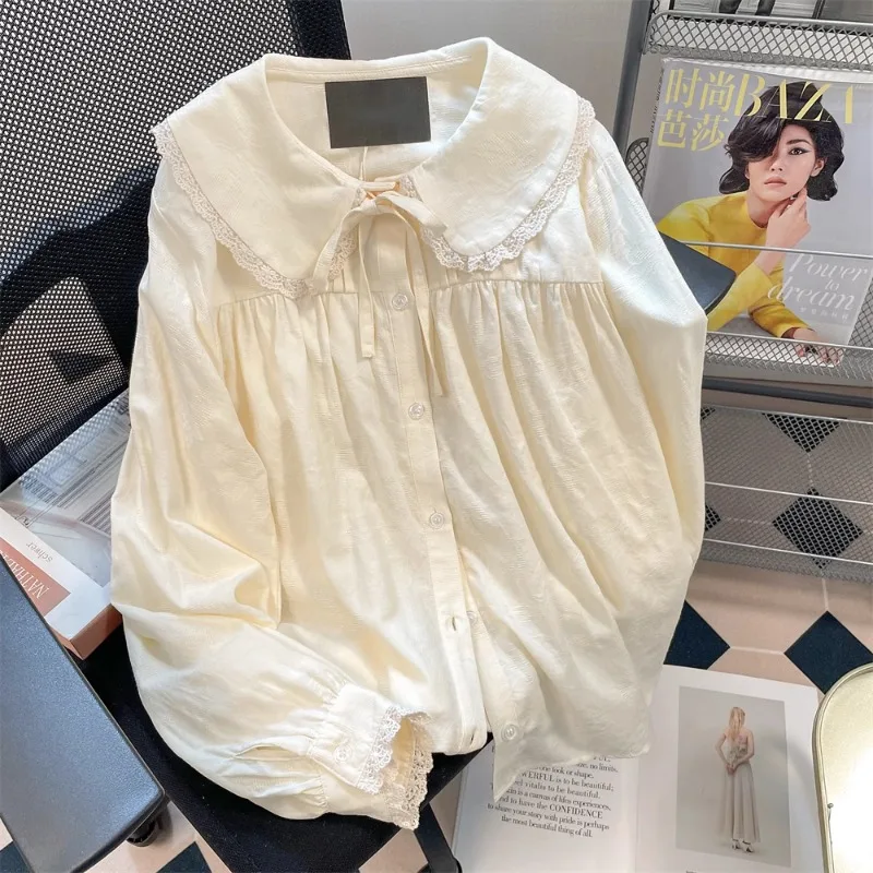 

Japanese Chic Fashion Blouse Peter Pan Collar Vintage Solid Elegant Shirt All Match Long Sleeve Casual Blusas Mujer De Moda