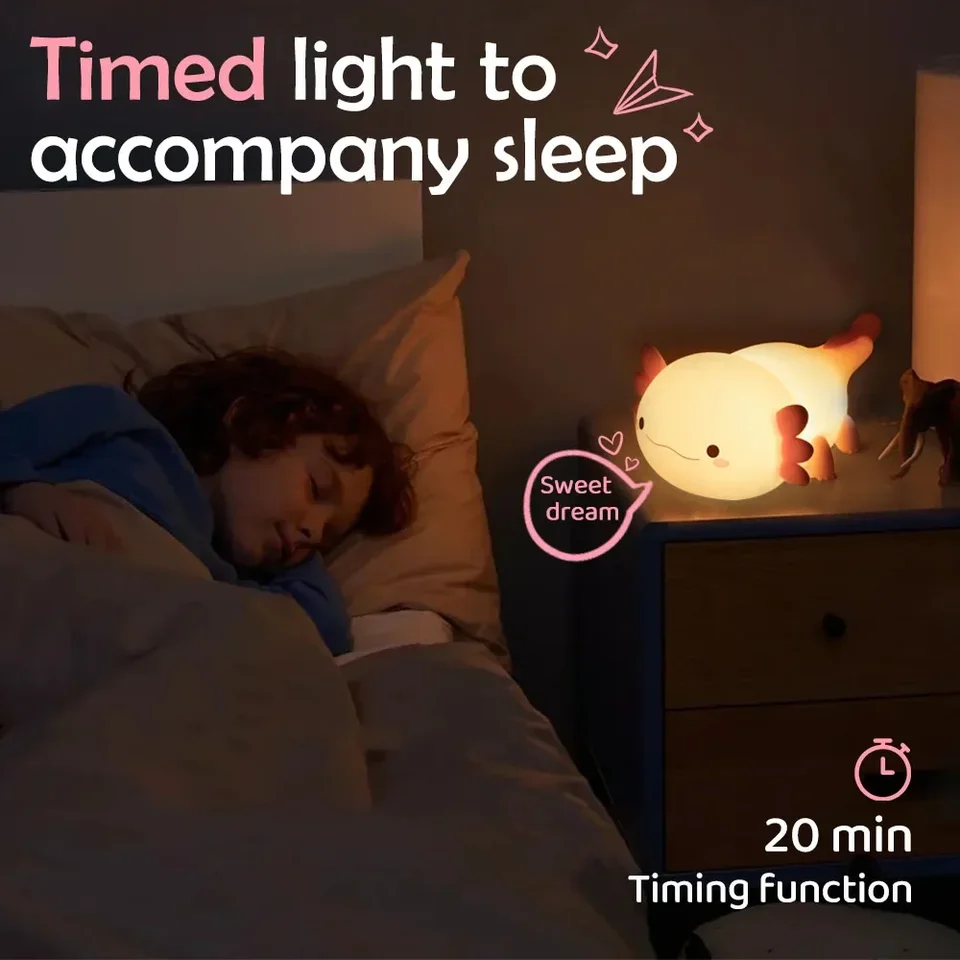 Almaxi Axolotl - Luce notturna per bambini, dimmerabile, in silicone, Axolotl, ricaricabile, per cameretta dei bambini, luce notturna a LED, dimmerabile, con timer, regali per bambini