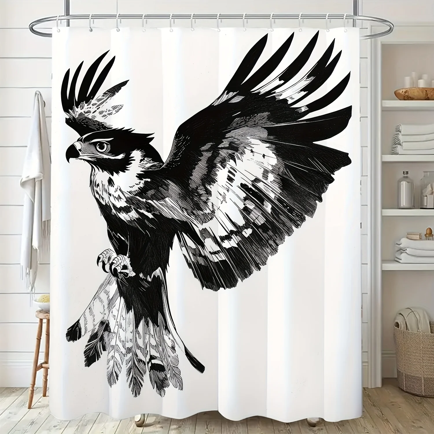 ม่านอาบน้ำลายอินทรีศิลปะสมัยใหม่ 1 ชิ้น - ลายพิมพ์ดิจิทัลที่ได้แรงบันดาลใจจากอนิเมะอย่างมีสไตล์, โพลีเอสเตอร์, ซักด้วยเครื่องได้, ใช้ได้ทุกฤดู, สีขาว 1