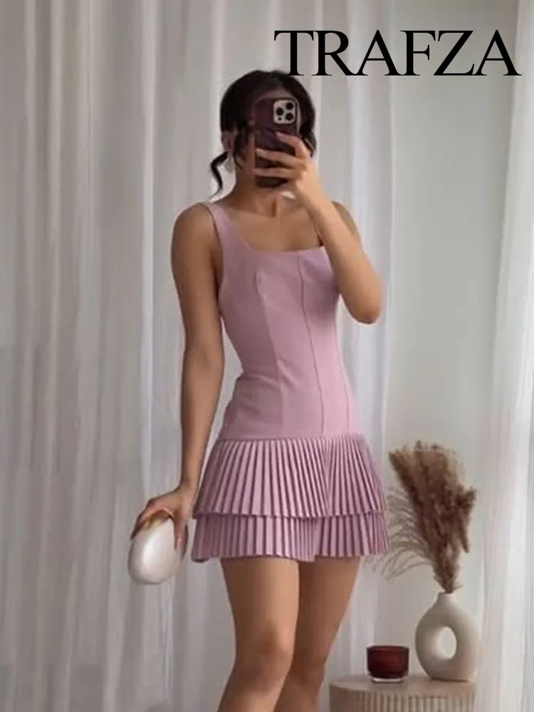 TRAFZA Women Summer Square Collar Sleeveless Solid Mini Dress Woman Elegant Chic High Street Slim Short Dress Pleated Dress 2