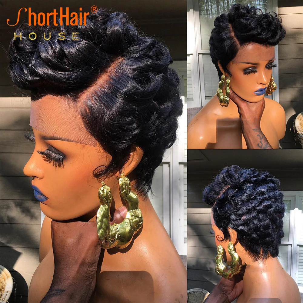 Pixie Cut Lace Frontal Human Hair Wigs Short Curly Wigs For Balck Women With Baby Hair Side Part Short Bob Wave For Summer