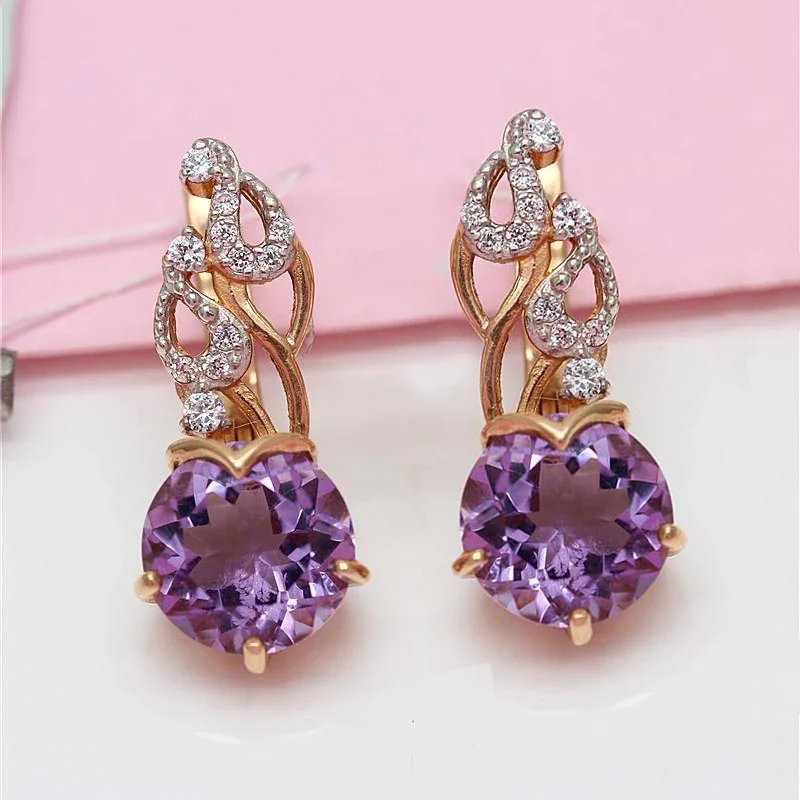 

585 Purple Gold Plated 14K Rose Gold Inlaid Amethyst Crystal Drop Earrings for Women Romantic Elegant Wedding High Jewelry Gift