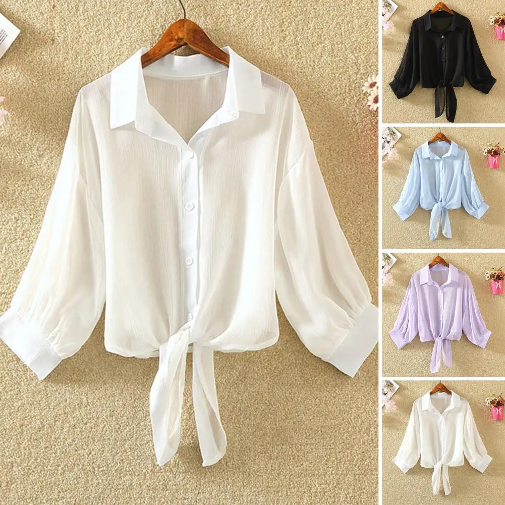 

Lapel Single Breasted Front Lace-up Sunscreen Shirt Summer Chiffon Ultrathin Shawl Coat Streetwear Blouse Women Beach Style Sexy