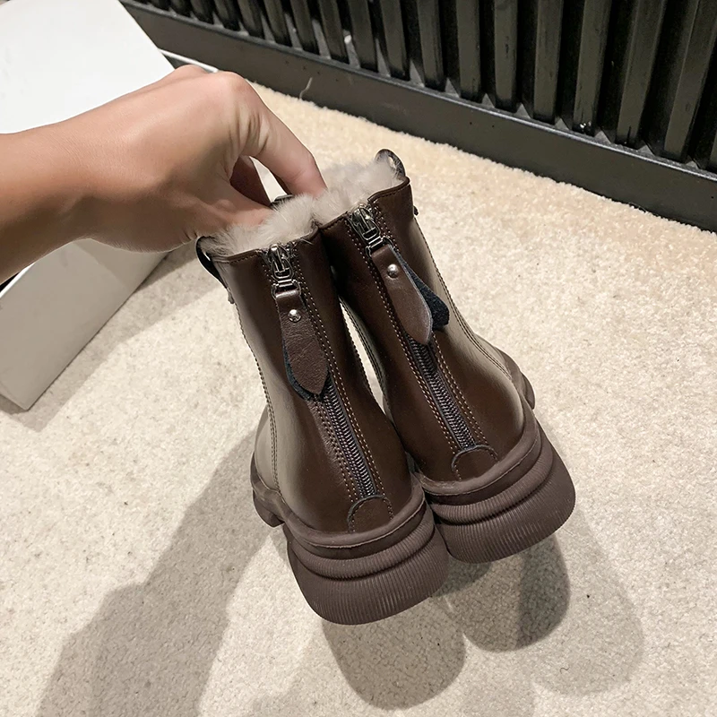 2024 New Trend Warm Chelsea Boots Mid Heel Zipper Plush Women's Shoes Casual High Heels Non-Slip Thick Heels Single Shoes