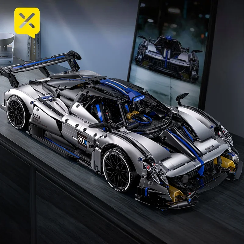 1:8 실버 블루 슈퍼카 레이싱 스포츠카 블록 세트, 후방 연결 엔진 트랙 윙 포함, 자동차 장난감에 이상적