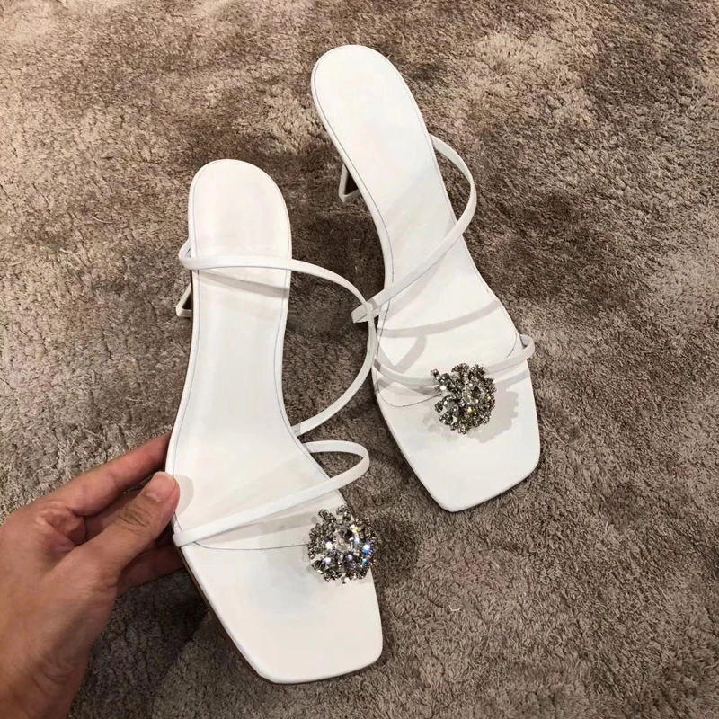 

Original Women's Shoes Outwear Slippers New White Sandals Heels with Heels, Rhinestones, Sexy and Versatile Half Slippers