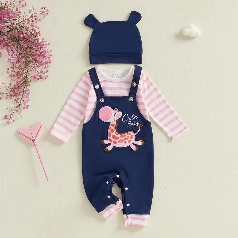  소녀 가을 복장 줄무늬 긴 소매 Romper 기린 자수 전체 바지 모자 3 Pcs 세트
