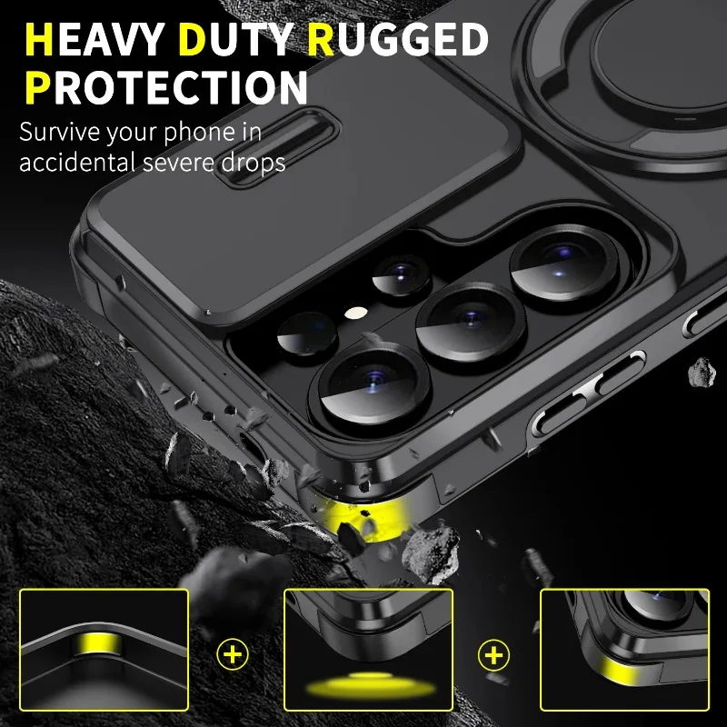 Magnetic Ring Stand Phone Case with Slide Camera Lens Cover and Fall Protection Frame