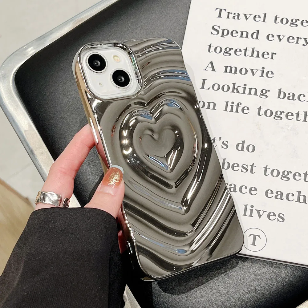 大人気☆ダークシルバーハートに名前が入るスマホケース 高級電気メッキシルバー 3D ハート水の波紋電話ケース iPhone 14