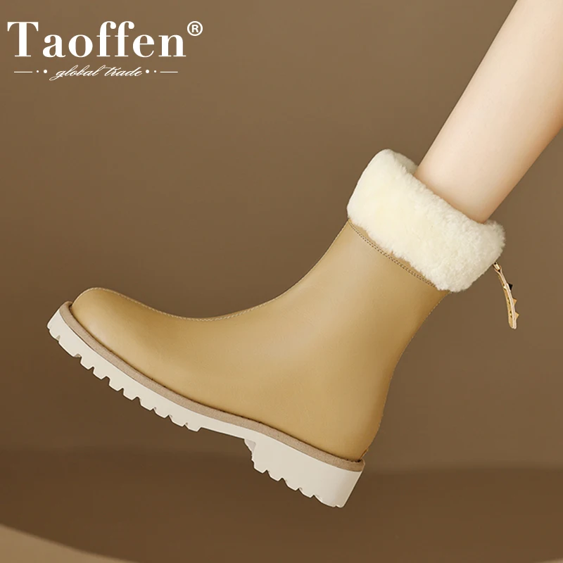 

Taoffen New Women Ankle Boots Plush Real Leather Woman Shoes 2023 Fashion Cool Short Boots Ladies Footwear Size 34-40