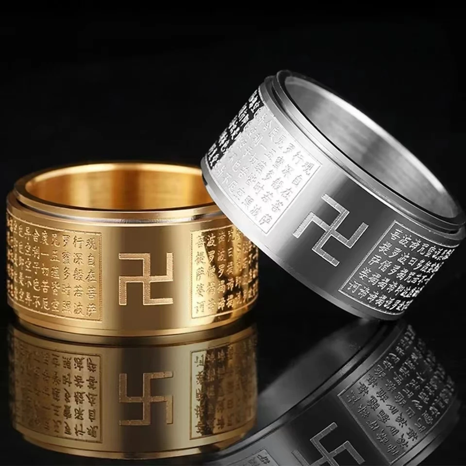 Cool Stainless Steel Rotatable Buddhism Men Anxiety Fidget Ring Spinner Buddhism Heart Sutra Classic Believer Jewelry Wholesale chinese hard pen copybook poems buddhist scripture heart sutra copybook running regular script shou jin ti hard pen copybook