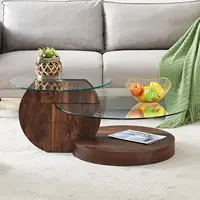Glass Coffee Table,Modern Round Tempered Glass Coffee Tables for Living Room,Cocktail Table for Small Space Home Office (Walnut) 1