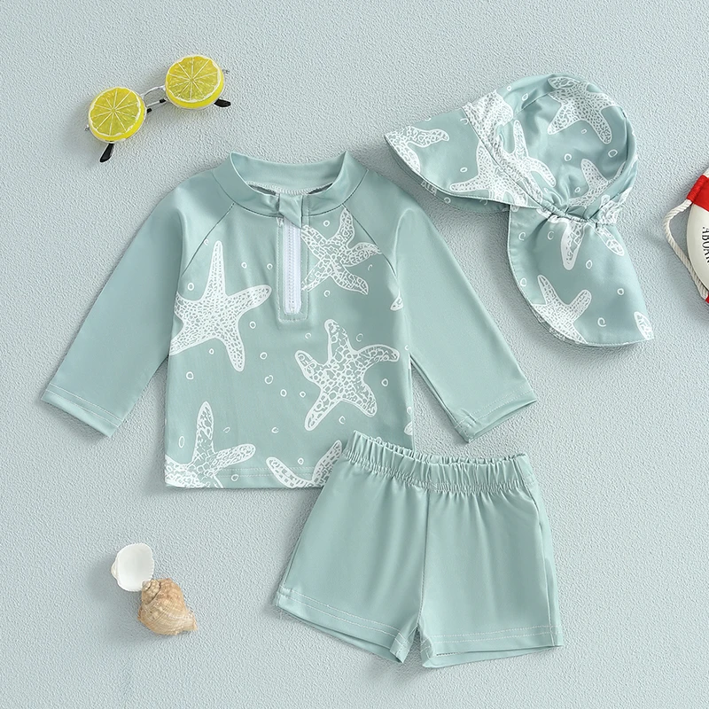 Toddler Baby Boys Rash Guard Swimsuit Set Starfish Print Long Sleeve Zip Tops with Shorts and Swim Hat 3 Pcs Swimwears Set