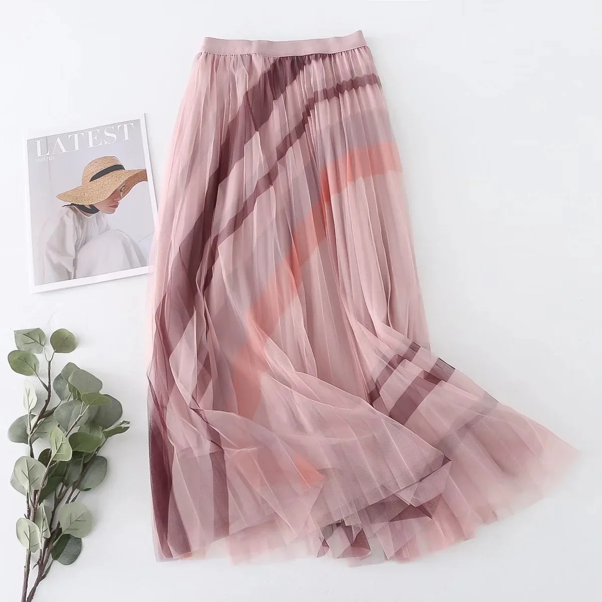 Spring Summer Contrast Color Striped Mesh Skirts Women's Elegant Mid-length A-line Skirt