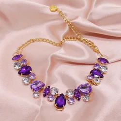 Gold Chain Dog Collar with Adjustable Diamond Accents - Stainless Steel Necklace - S 18x28cm (Purple)