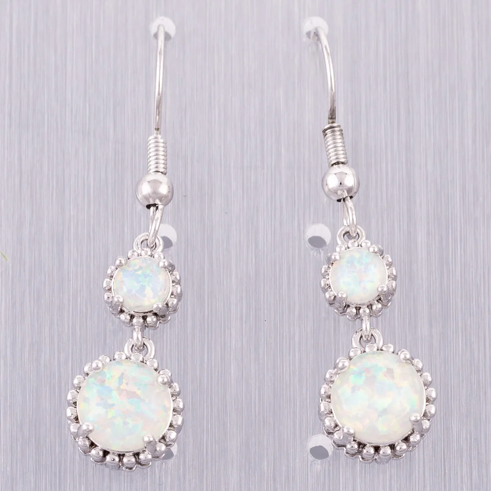 

KONGMOON 2 Round White Fire Opal Cabochon Silver Plated Jewelry for Women Dangle Drop Earrings