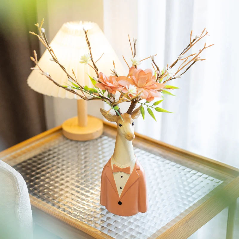 Resin Handicraft Cartoon Deer Flower Vase Floral Arrangement Accessories Artificial Animal Sculpture Home Decoration Accessories 4