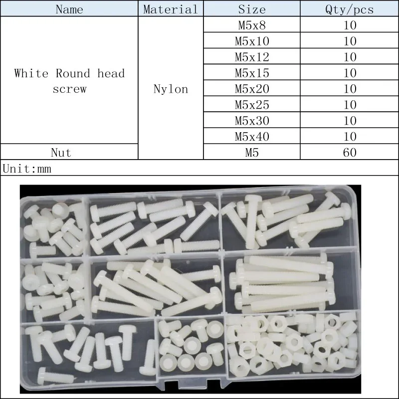M2 M2.5 M3 M4 M5 M6 White Nylon Phillipis Bolt and Nut Set Plastic Machine Screw Cross Round Head Screw Classification Box Kit