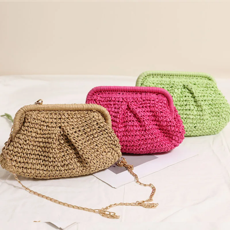 2025 New Women Straw Woven Bag Chain Strap Straw Clutch Purse Large Capacity Stylish Crossbody Bag Solid Color for Summer Beach 2