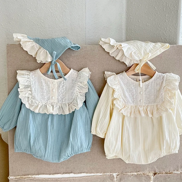 Herbst Baby Kleidung Kleinkind Baby Mädchen Romper + Hut Rüschen Kleidung Langarm Baumwolle Spleißen Frühling Infant Baby Mädchen Overall – Detail 2
