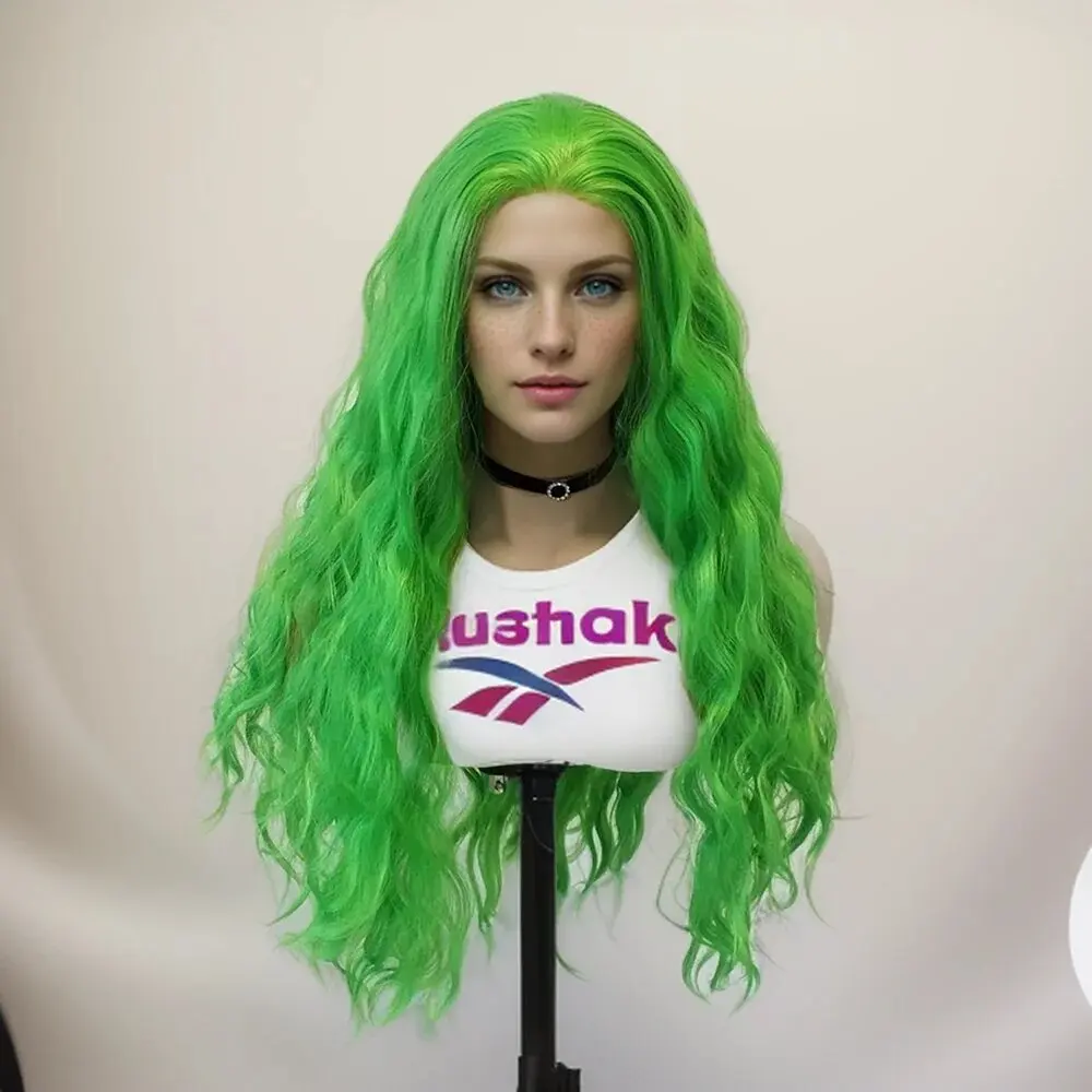 WIF Green Body Wave Synthetic Hair Cosplay Wig Long Wave Heat Resistant Lace Front Wigs Natural Hairline Women Green Hair synthetic wig