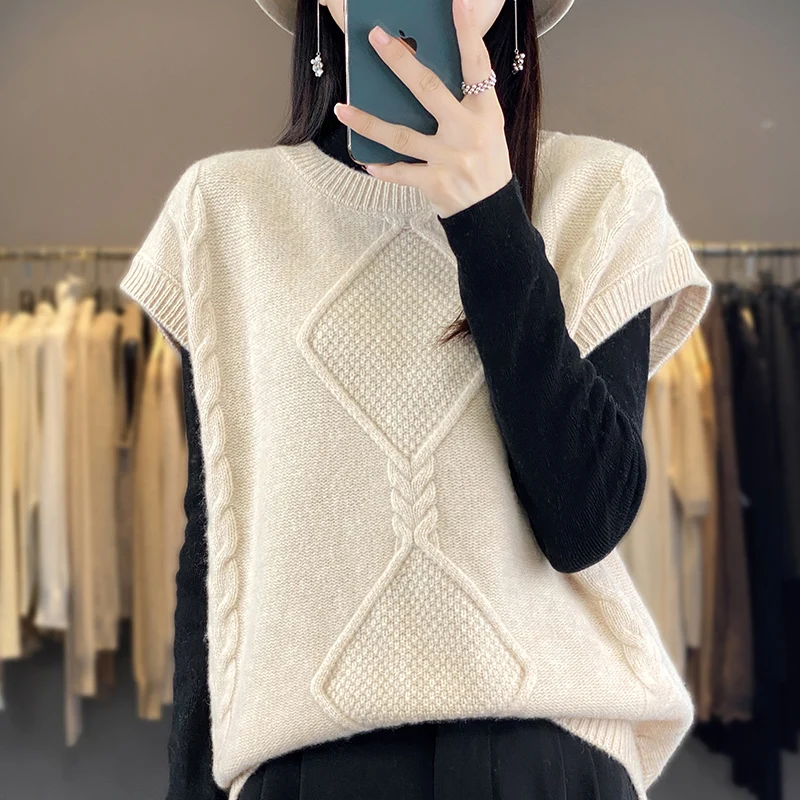 

Pullover Women's O-neck Wool Vest New Knitted High Quality Women's Sleeveless Sweater Short Coat 100% Australian Wool Vest 2023