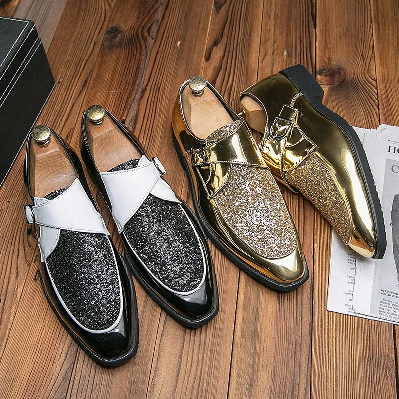 

New Men's Luxury Gold Glitter Loafers Leather Italian Design Classic Wedding Formal Footwear Office Business Dress Shoes for Men