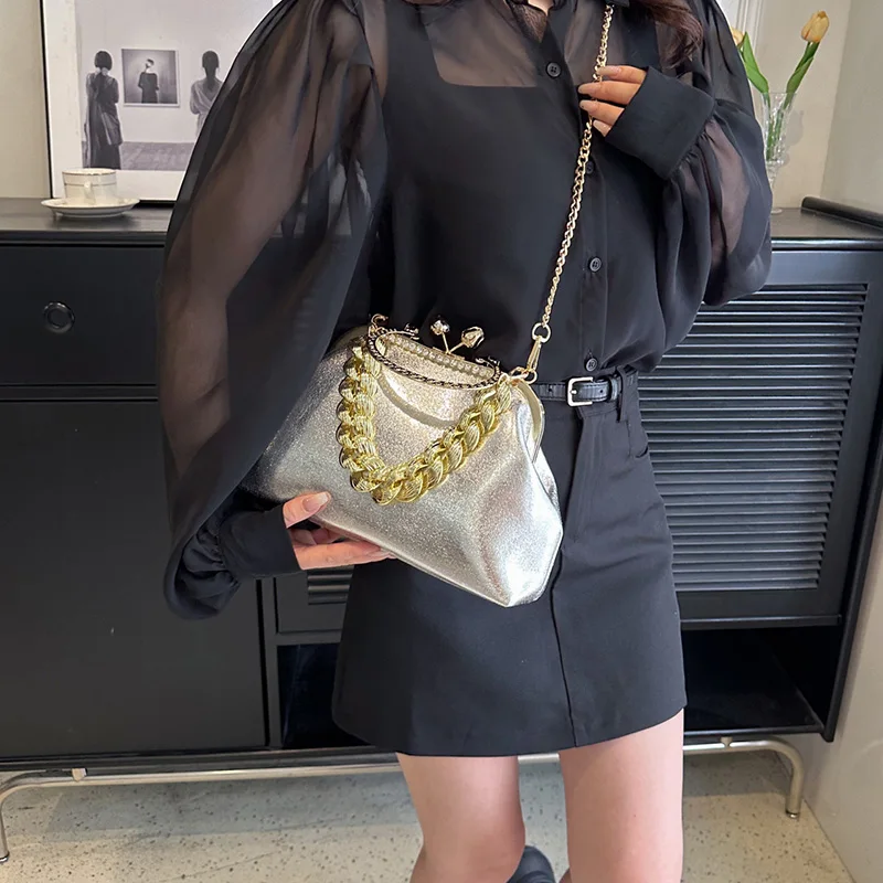 Luxury Women's Silver Green Chain Shoulder Bags Gold PU Leather Shell Clip Designer Handbag And Purse Party Wedding Clutch women handbags leather shoulder bag
