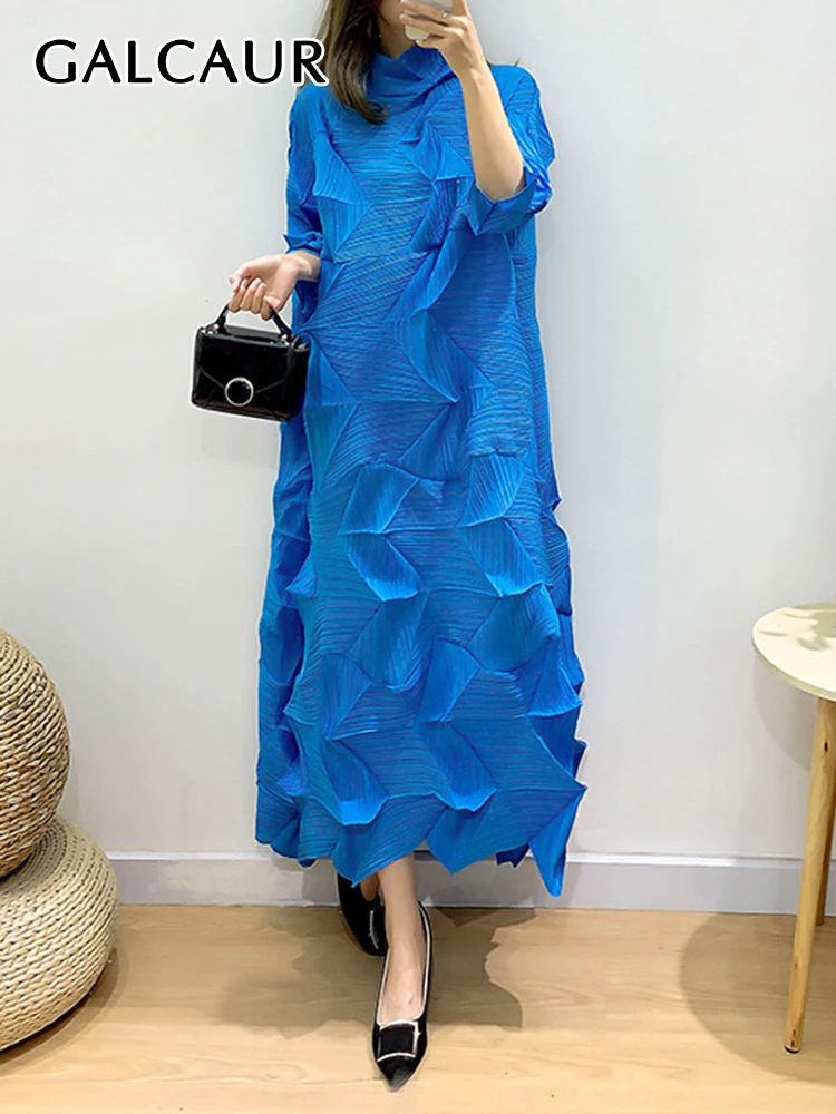

CHICEVER Irregular Folds Dresses For Women Stand Collar Half Sleeve Solid Loose Chic Maxi Dress Female Spring Clothing 2023 New