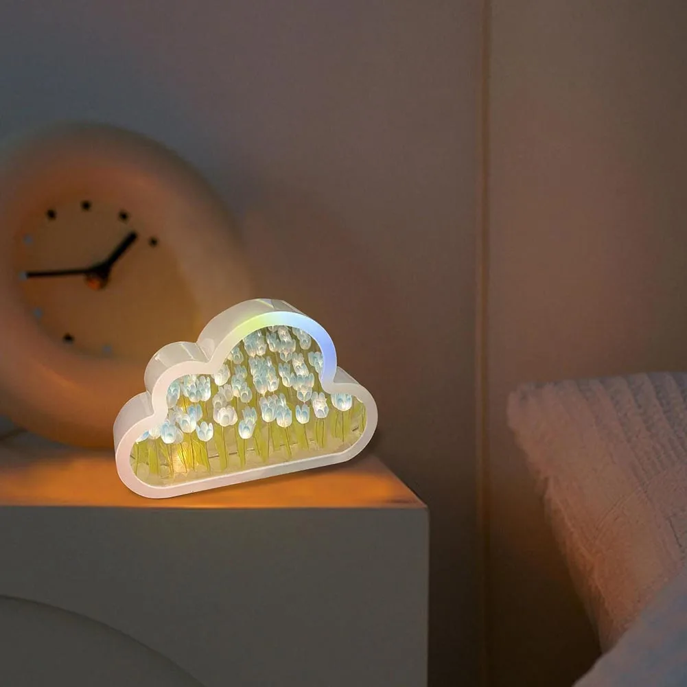 Tulip Night Light DIY Cloud LED Mirror Table Lamps Bedroom Ornaments Decor Bedside Photo Frame Handmade Gifts