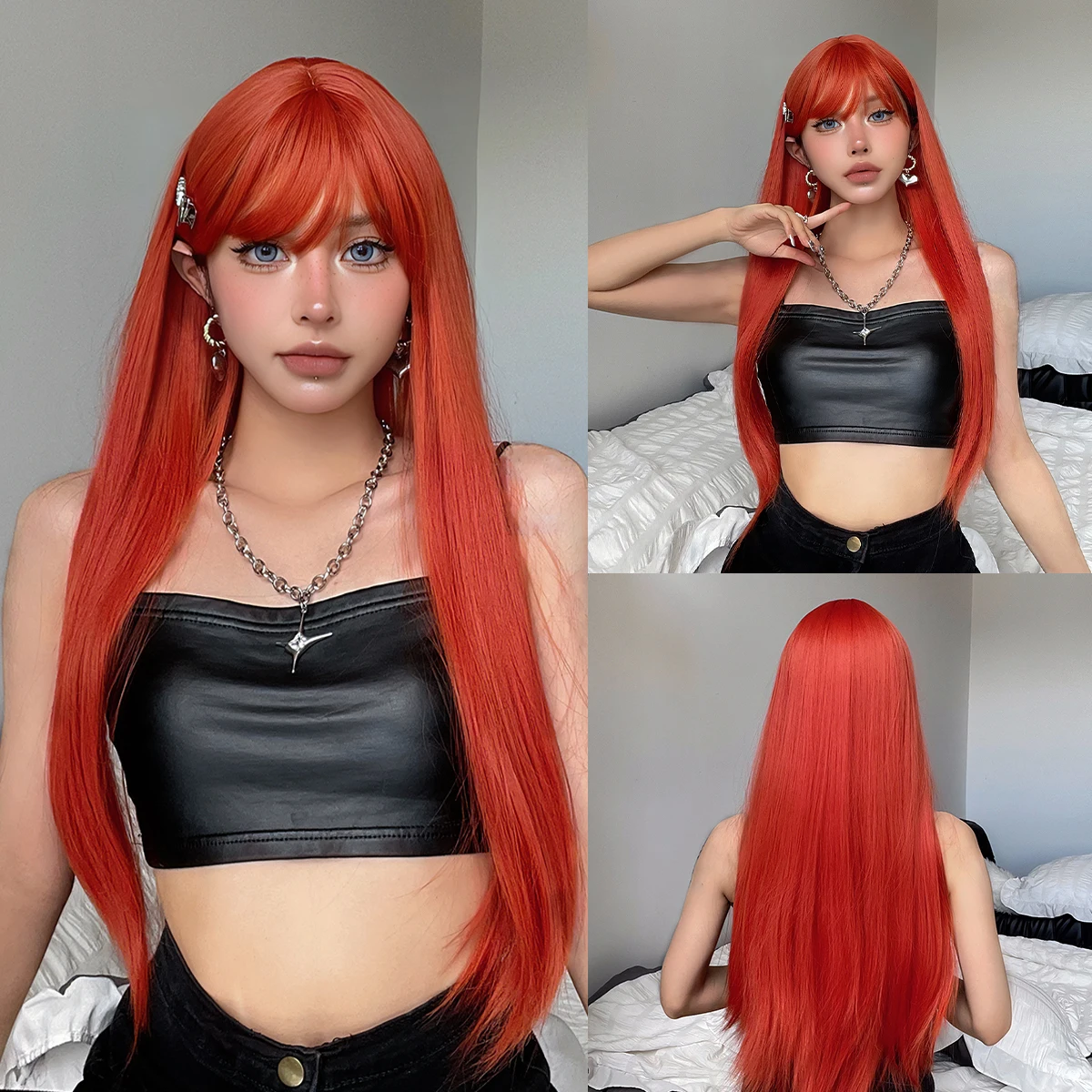 Orange Red Long Straight Wigs for Women Colored Cosplay Natural Hair Synthetic Wig with Full Bangs Party Costume Heat Resistant