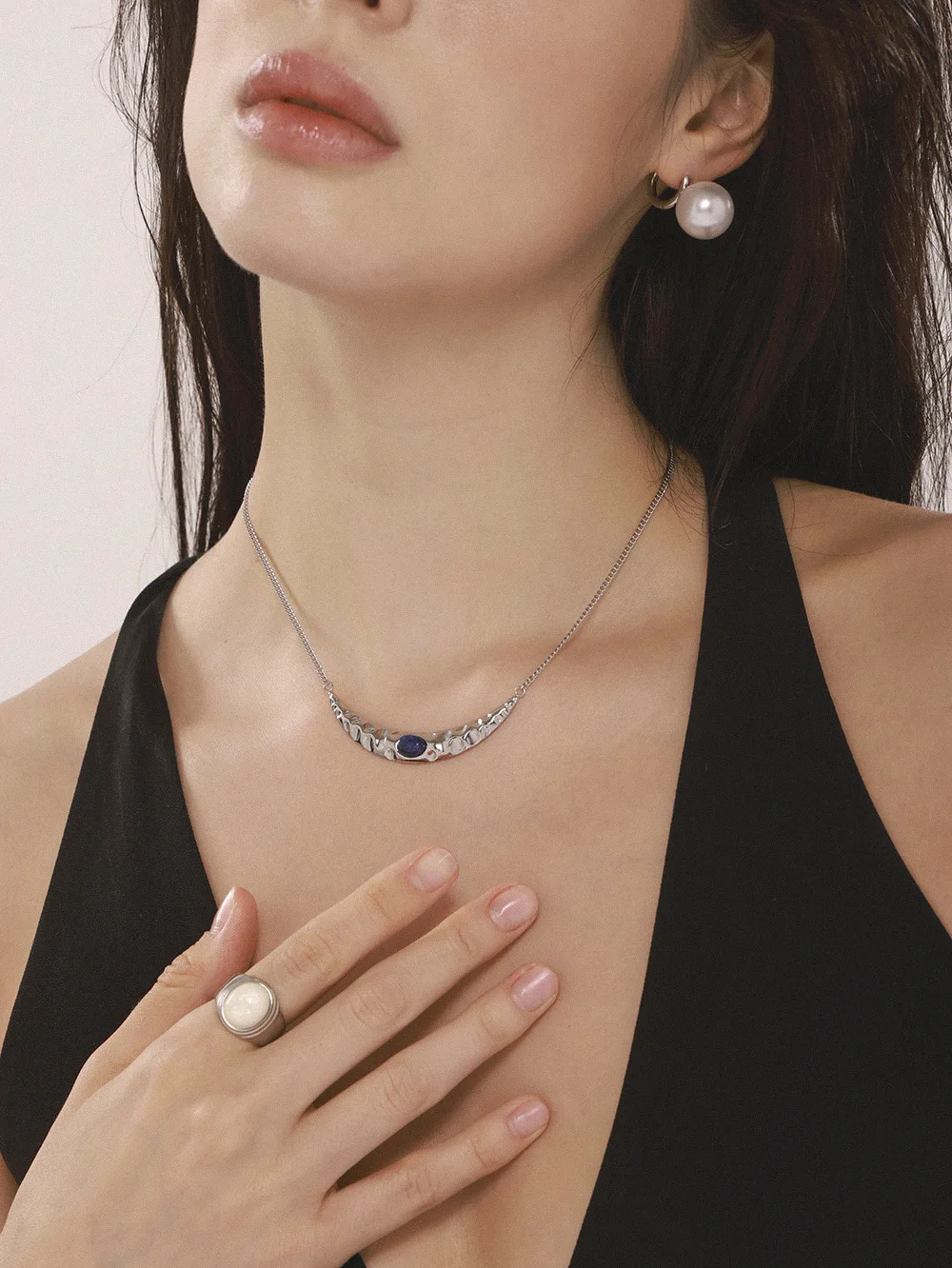 Blauer Naturstein Mond Großer Anhänger Halskette Damen Edelstahl PVD vergoldet Vintage Halskette Damen Luxus Schmuck Geschenk – Detail 4