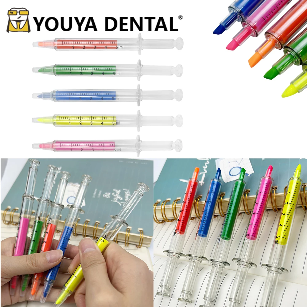 

5pcs Syringe Shape Highlighter Pen Fluorescent Needle Tube Watercolor Nite Writer Pen Kid Gift Dentist Souvenirs