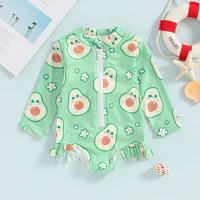 0-4Y Baby Girls Swimwear Rash Guard Fruit Print Ruffle Long Sleeve Romper Swimsuits Toddler Bathing Suits Kids Beachwear 2