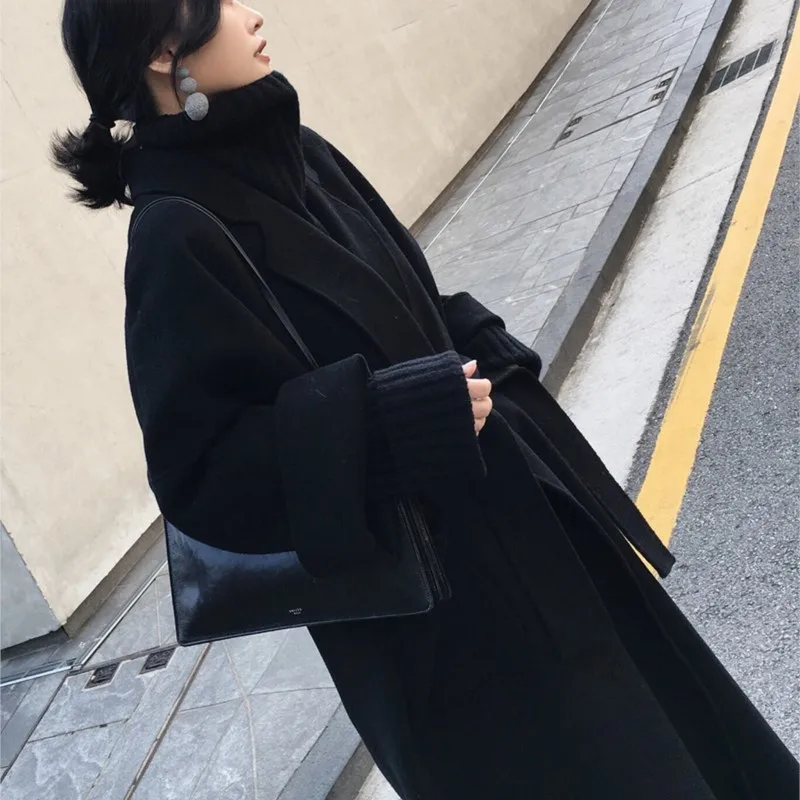 

Black Reversible Cashmere Coat Women Hepburn Style Small Woolen New Korean