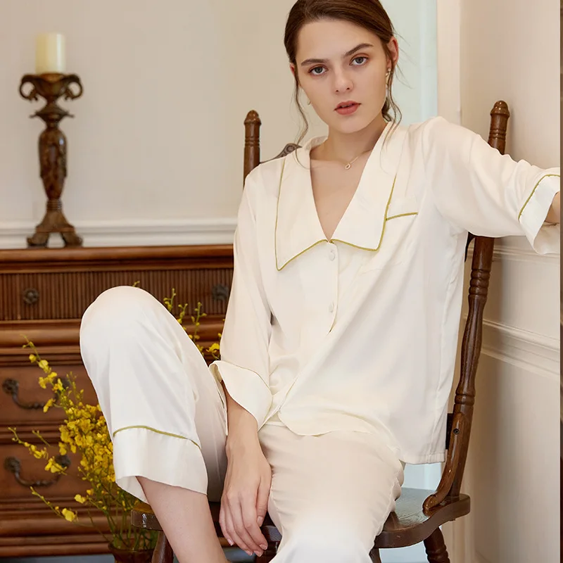 SXTHAENOO Solid Color Women's Long Sleeve Pants Sleepwear Two Piece Pajamas Set Lounge Lapel Nightwear Sets Button Nightwear