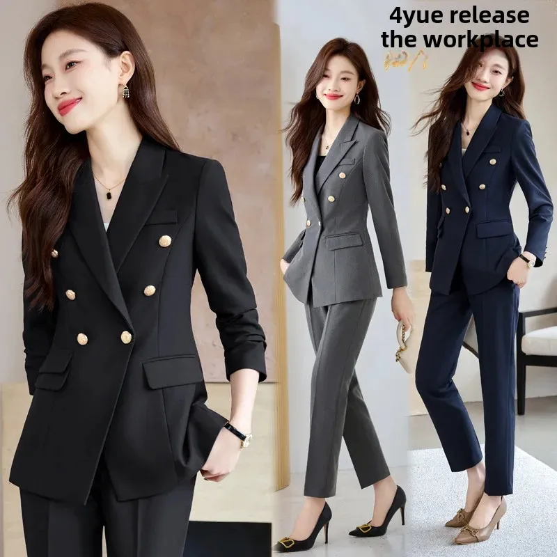 بدلة رمادية أنيقة المرأة الجديدة 2024 الخريف/الشتاء العمل خدمة فستان المهنية ملابس غير رسمية النمط الغربي سترة فستان أطفال مع سروال داخلي