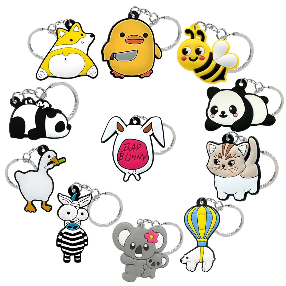 1/11PCS Funny Animals Keychain Ruddy Duck Pandas Corgi Key Ring Bad Bunny Cat Key Chain for Women Kids