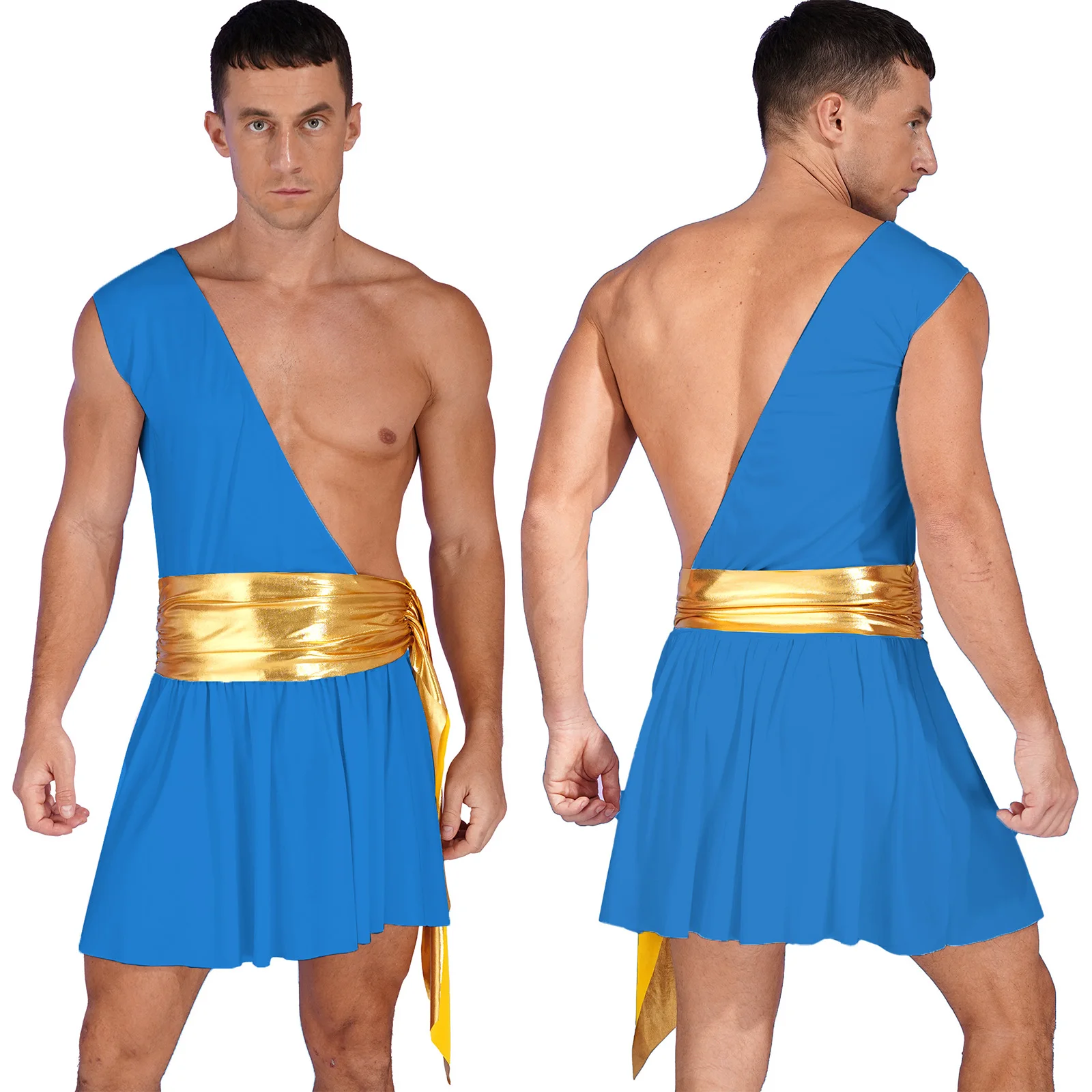 thumbnail image 1 of Traje de Cosplay de gladiador del dios griego antiguo para hombre, vestido con volantes, vestidos con cinturón fruncido metálico, disfraz de guerrero de caballero de Halloween, 1 of 5