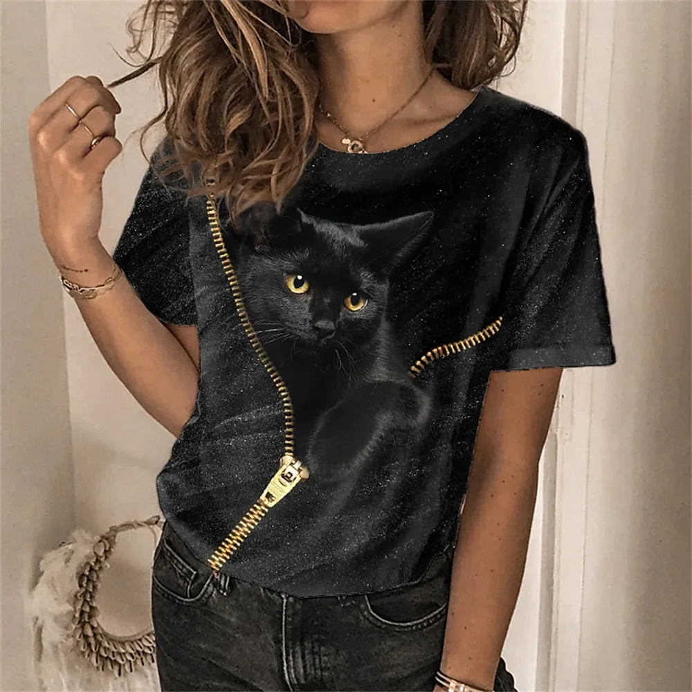 

Fashion Womens T-shirt 3D Kawaii Cat Print Tees Tops 2023 New Harujuku Animal Short Sleeve T Shirt Oversized Loose Woman Clothes