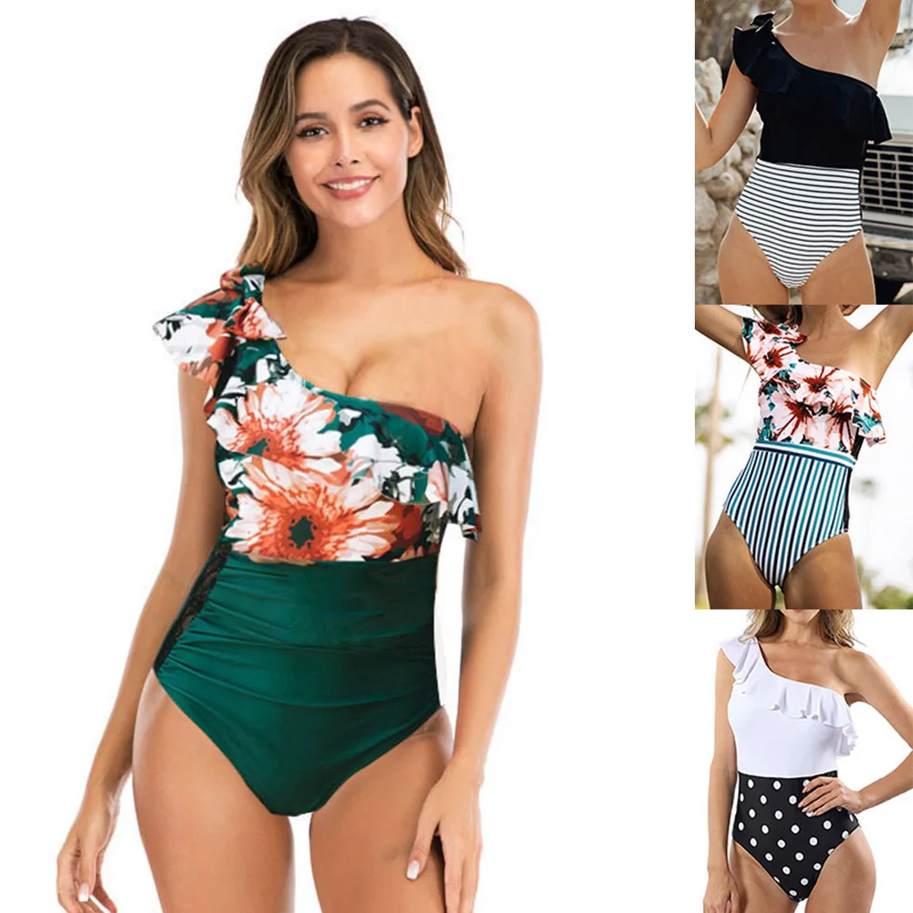 

One-piece Swimsuit Summer Small Fresh One-shoulder Ruffled Polka Dot Striped Bikini Has A Variety of Prints To Choose From