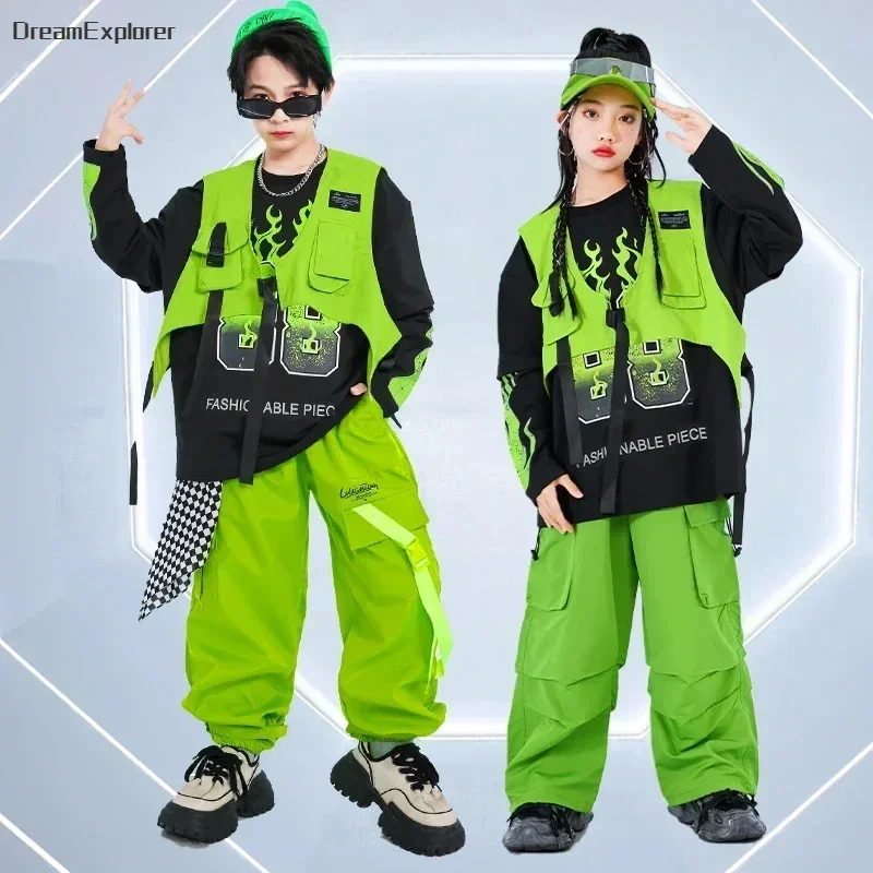 Girls Cool K-pop Vest Sweatshirt Cargo Pants Boys Hip Hop Street Dance Clothes Sets Kids Jazz Green Costumes Children Streetwear